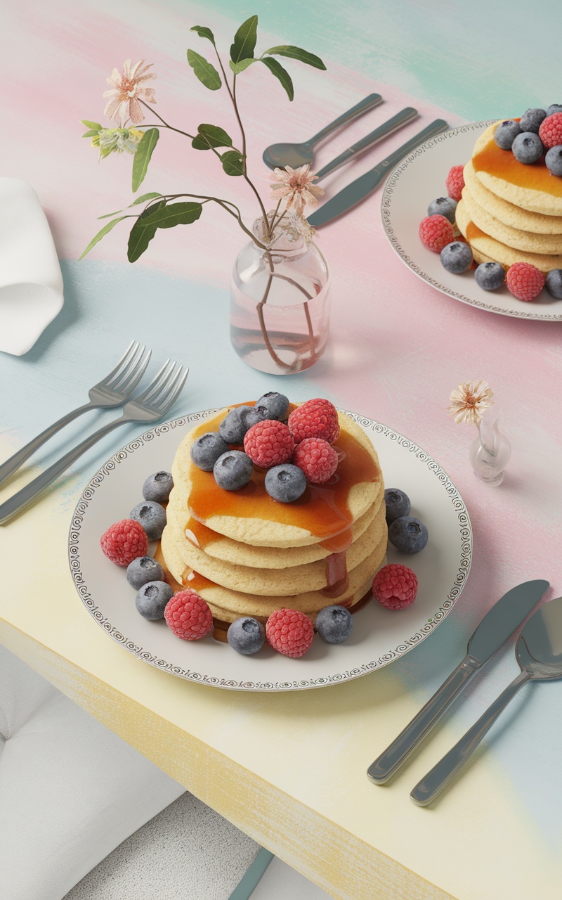 A plate of coconut flour pancakes topped with fresh berries and syrup