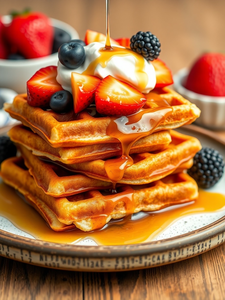 A stack of coconut flour waffles topped with fresh berries and syrup