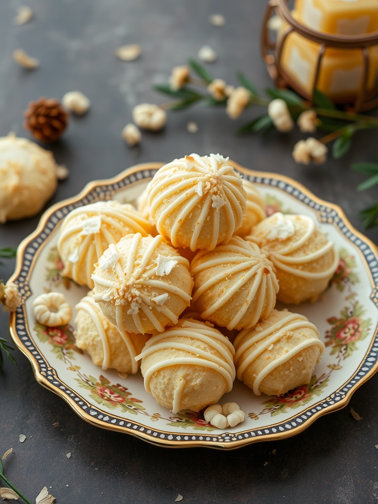 A plate of coconut macaroons decorated with drizzled chocolate.