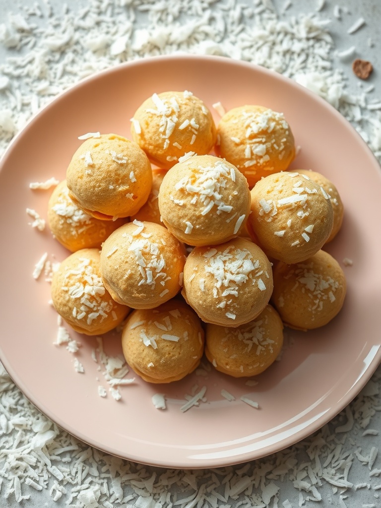 A plate of coconut macaroons topped with shredded coconut.