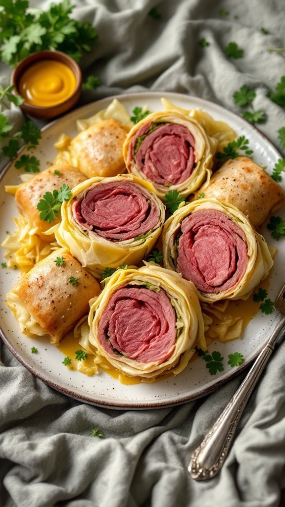 Delicious corned beef and cabbage rolls served on a plate with mustard