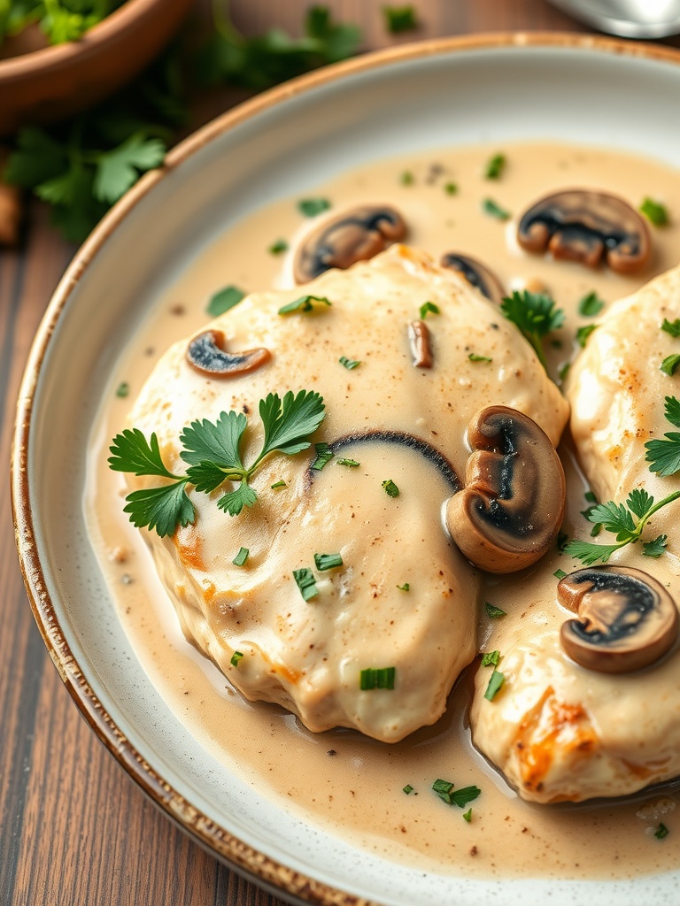 Creamy Mushroom Chicken dish served in a bowl, garnished with parsley.