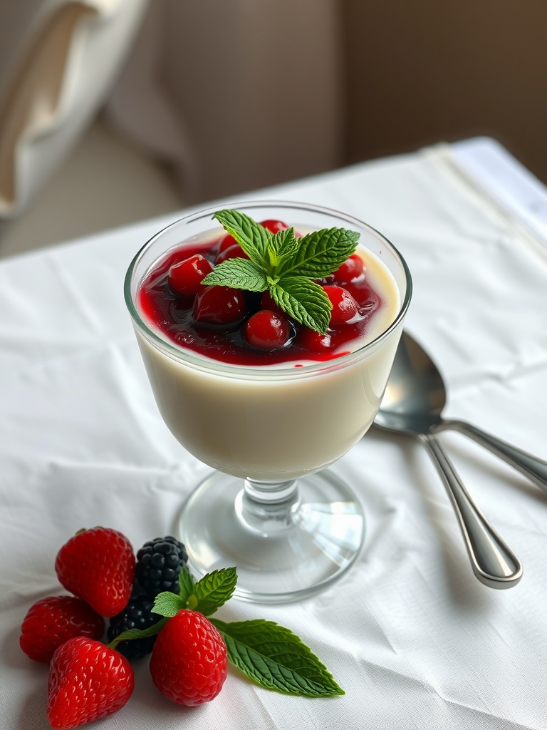 A creamy vanilla panna cotta topped with berries and mint leaves.