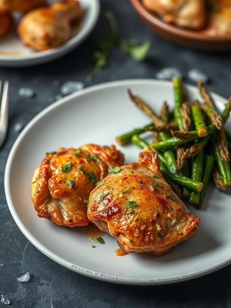 Crispy chicken thighs served with green asparagus