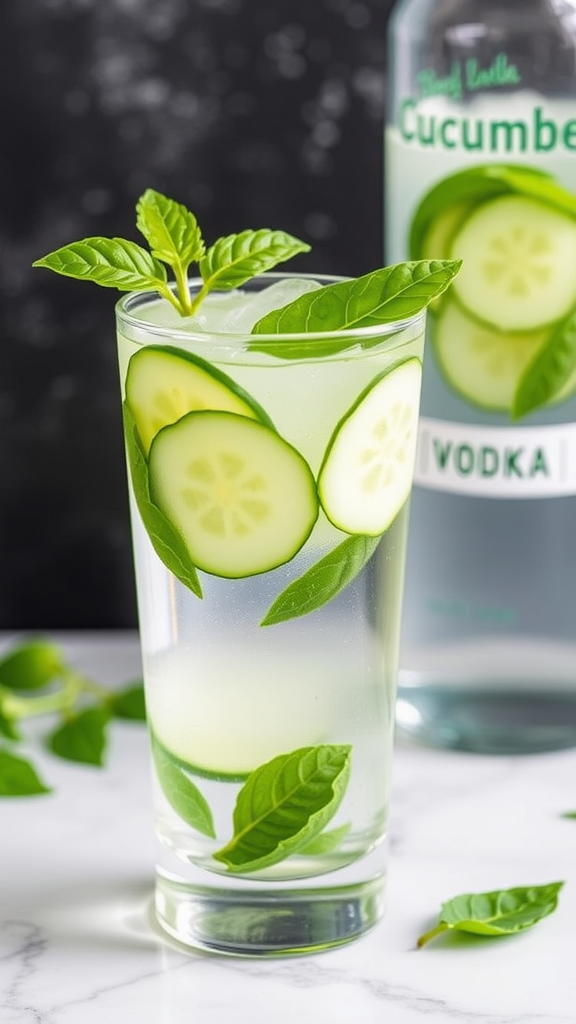 A refreshing Cucumber Basil Vodka Spritzer drink garnished with basil