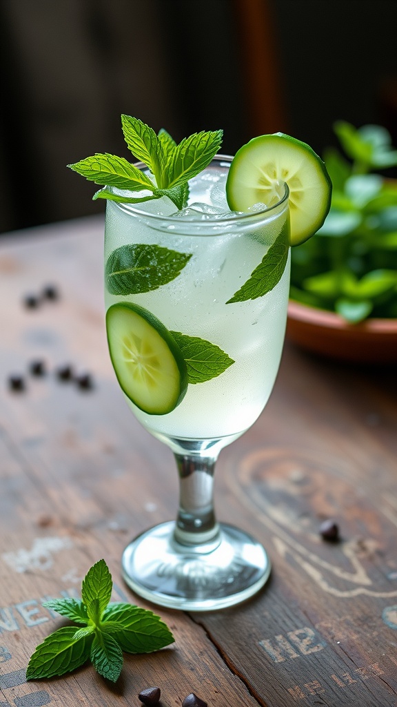 A refreshing Cucumber Mint Gimlet garnished with cucumber slices and mint leaves.