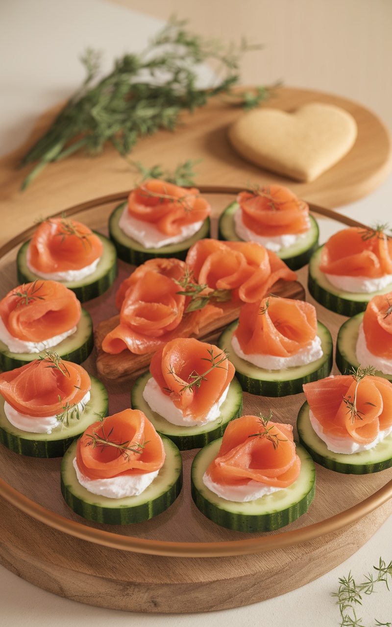 Cucumber slices topped with cream cheese and smoked salmon, garnished with dill.