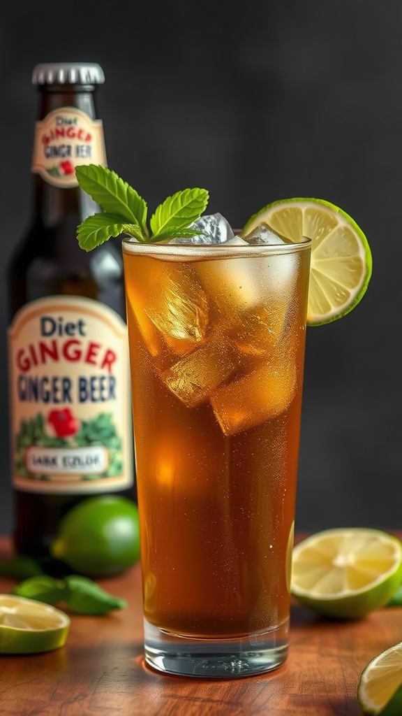 A refreshing Dark and Stormy cocktail made with diet ginger beer, served in a tall glass with ice and garnished with lime and mint.