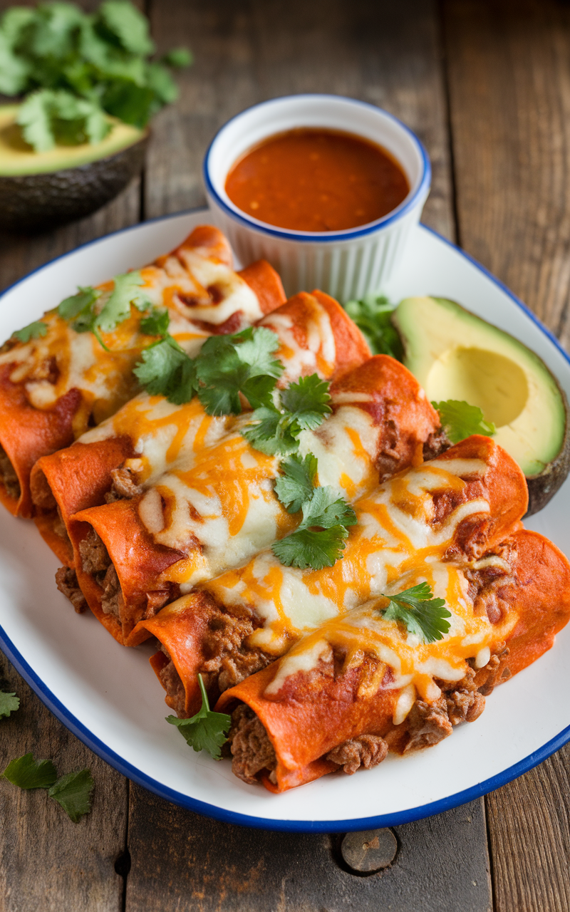 Keto Low-Carb Beef Enchiladas topped with cheese and cilantro, served with avocado slices.