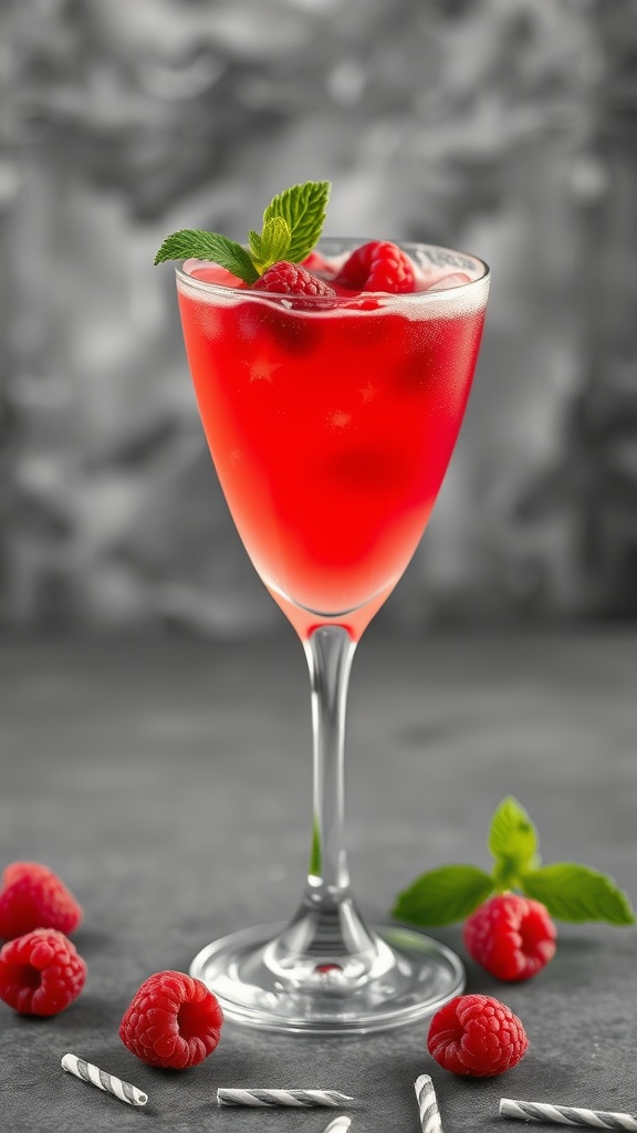 A refreshing raspberry daiquiri in a cocktail glass garnished with raspberries and mint.