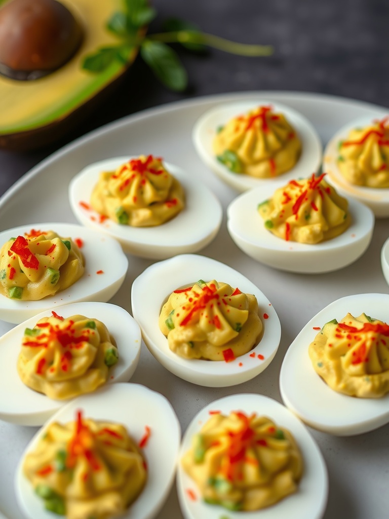 Delicious avocado deviled eggs topped with red pepper flakes on a plate.