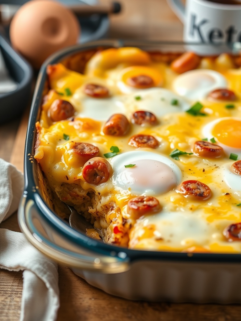 A delicious egg and sausage breakfast casserole showing eggs, sausage, and cheese baked to perfection.