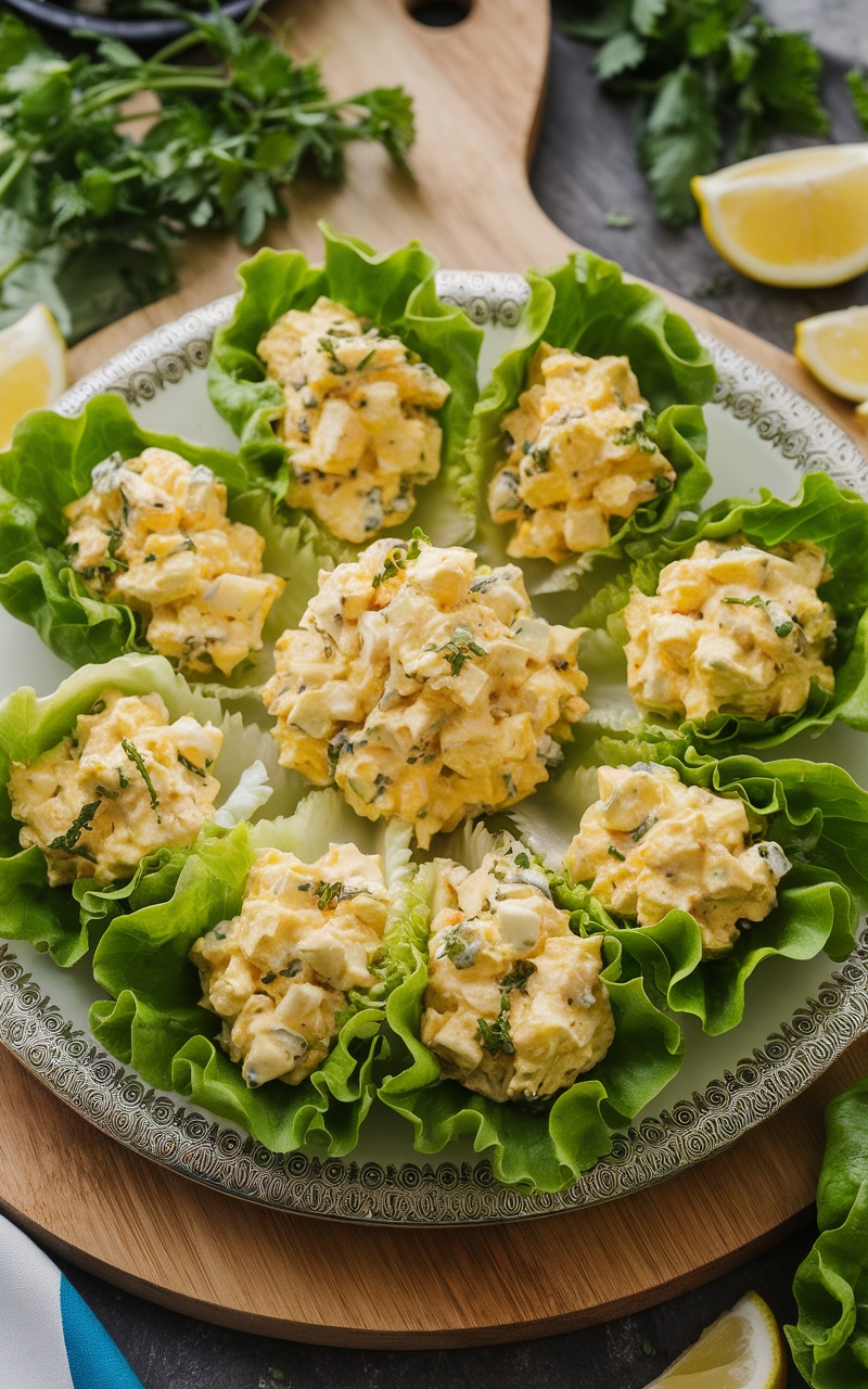 Egg salad served in lettuce wraps with fresh herbs