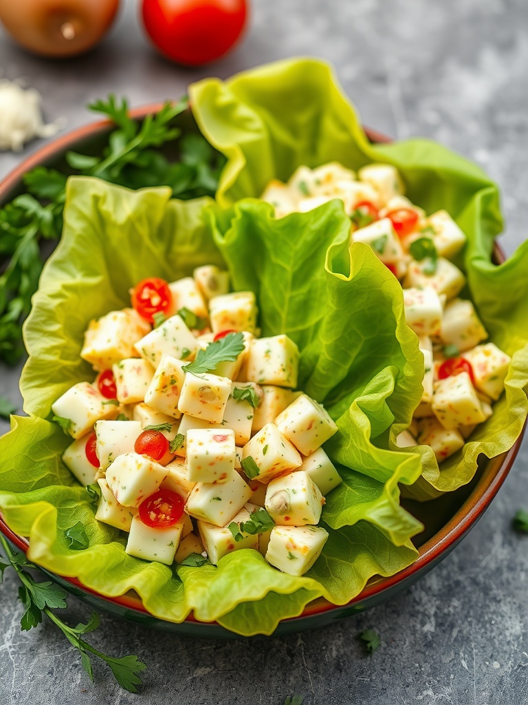 Delicious egg salad served in fresh lettuce wraps with cherry tomatoes.