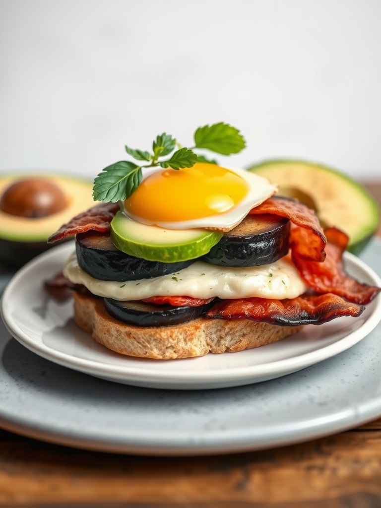 Eggplant breakfast sandwich with bacon, cheese, and avocado