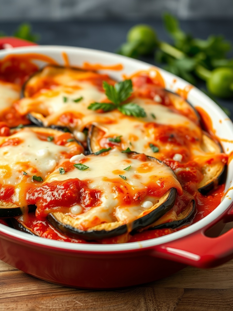 Delicious Eggplant Parmesan layered with cheese and marinara sauce