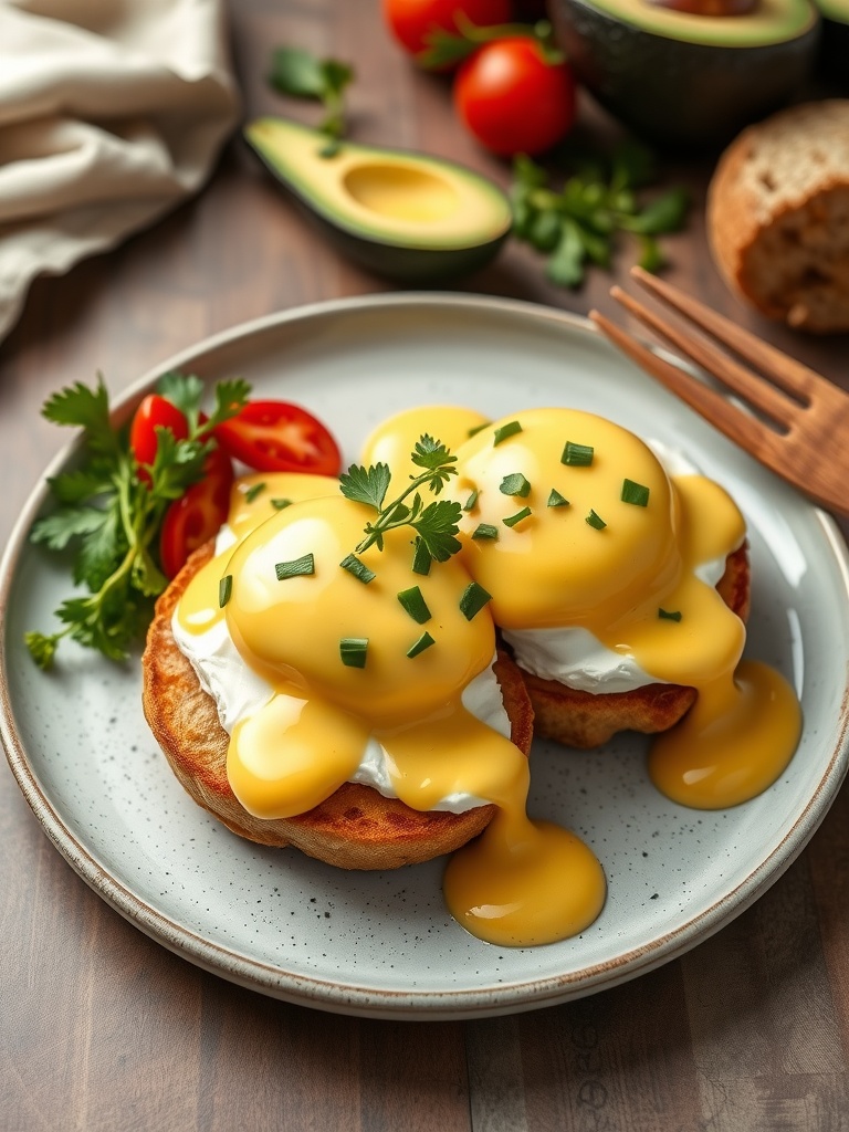 Eggs Benedict with Hollandaise Sauce served with garnishes