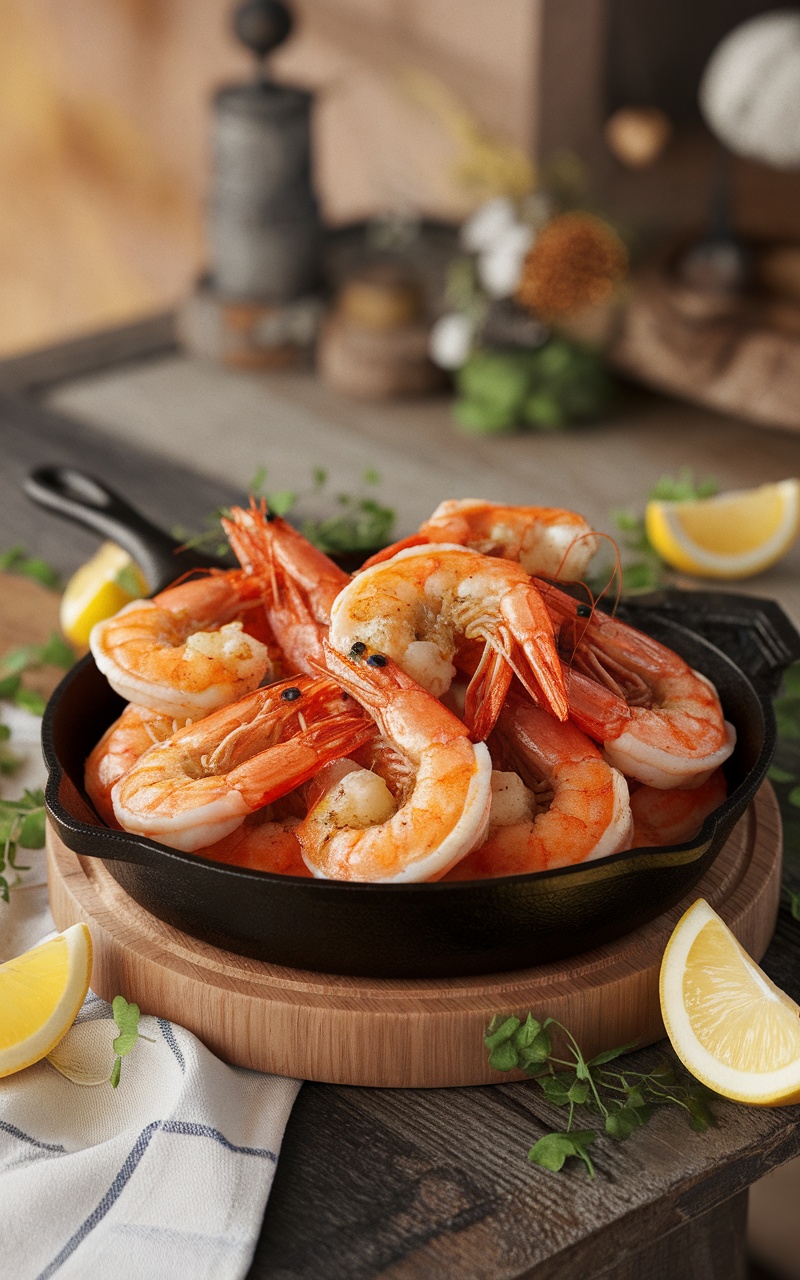 A delicious plate of garlic butter shrimp with lemon slices