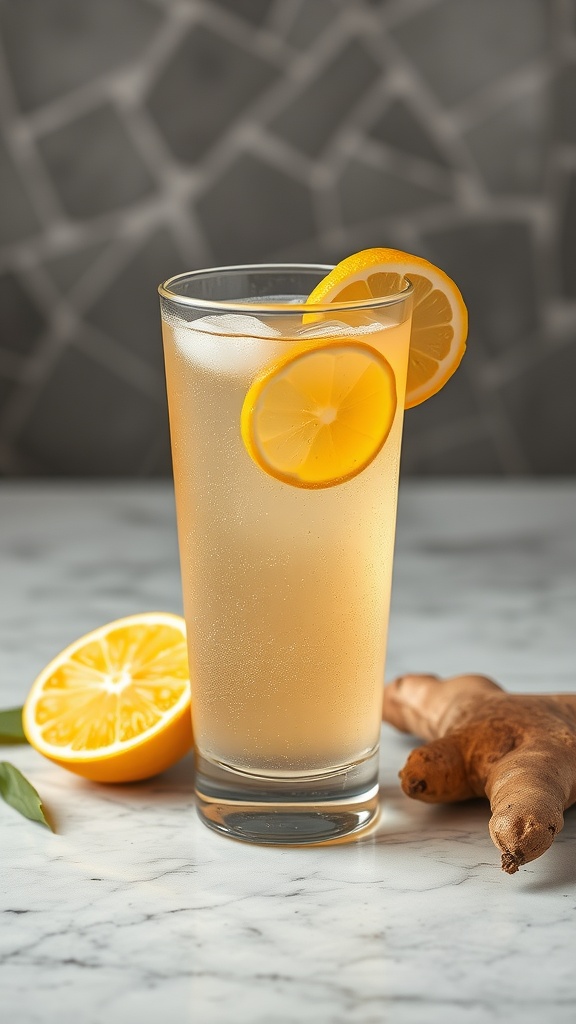 A refreshing ginger-lemon sparkling drink with ice and lemon slices.