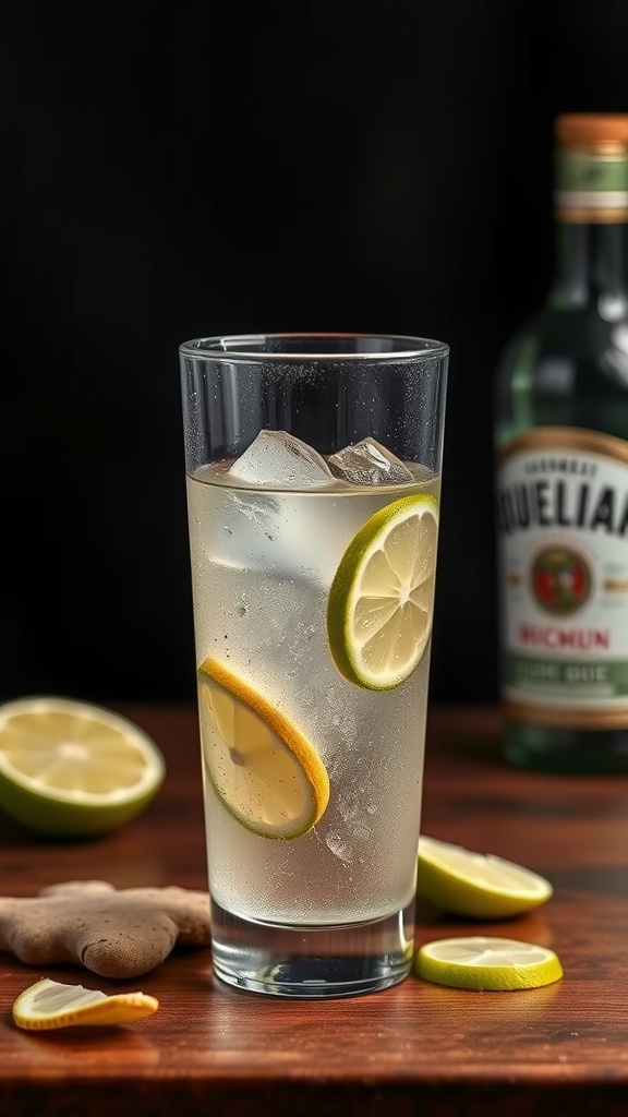 A refreshing Ginger Lime Fizz cocktail in a tall glass, garnished with lime slices.