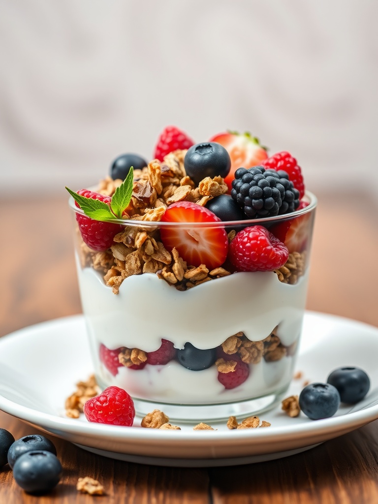 A Greek yogurt parfait with layers of yogurt, granola, and mixed berries.