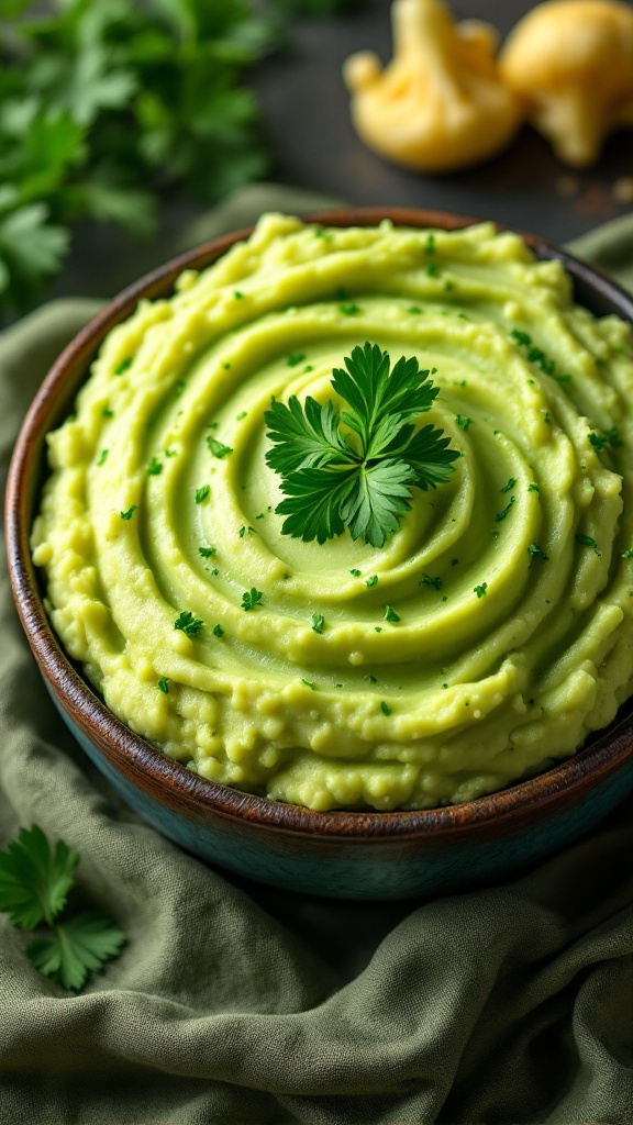 Creamy green cauliflower mash served in a bowl with a sprig of parsley on top.