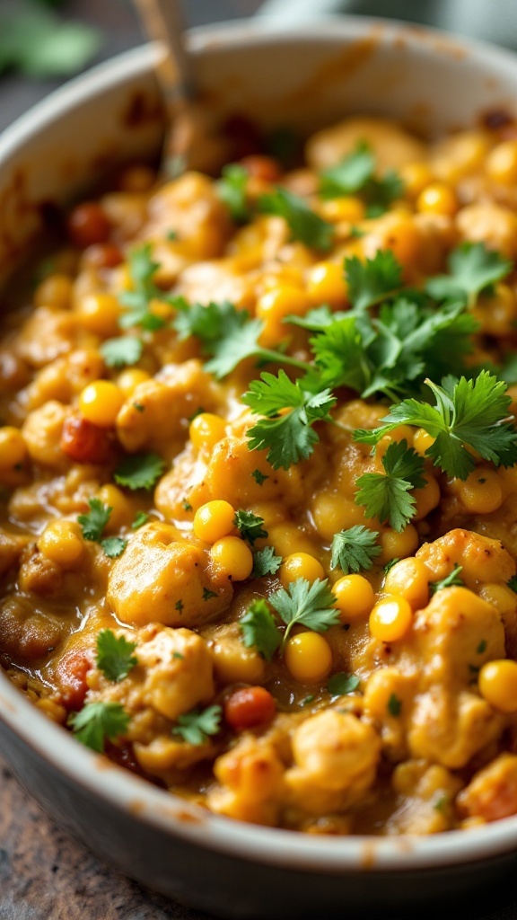 A hearty green chili chicken casserole topped with fresh cilantro.