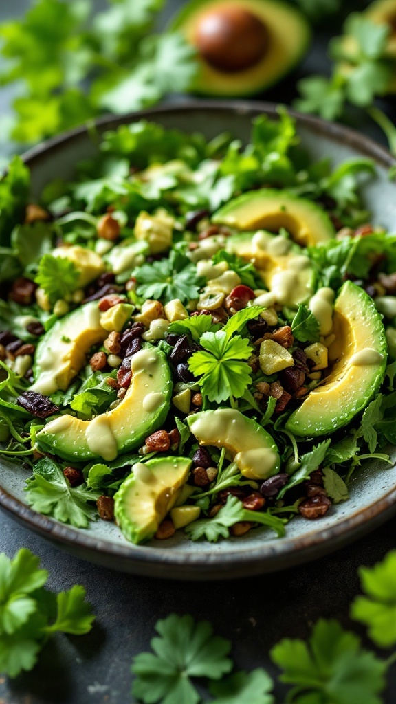 A vibrant Green Goddess Salad featuring mixed greens, avocado, and nuts.