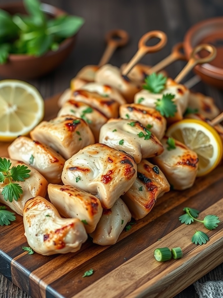 Grilled Lemon Herb Chicken Skewers on a wooden platter