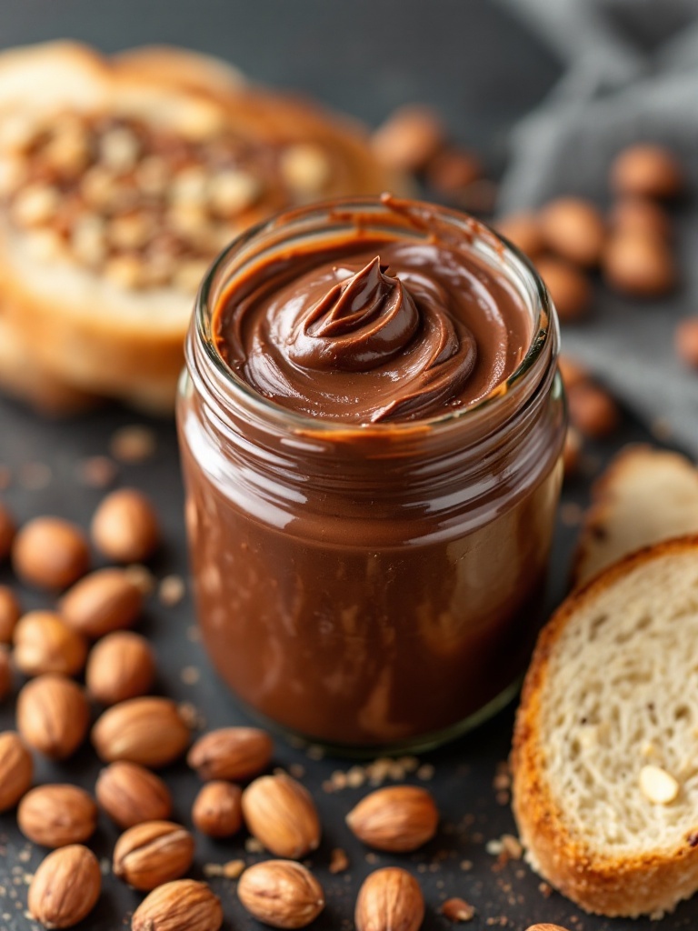 A jar of hazelnut chocolate spread next to sliced bread and whole hazelnuts.