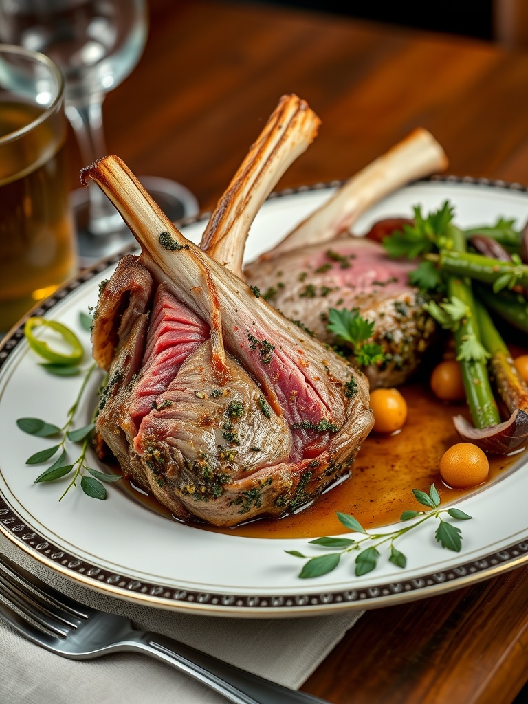 A beautifully plated herb-crusted rack of lamb with garnishes