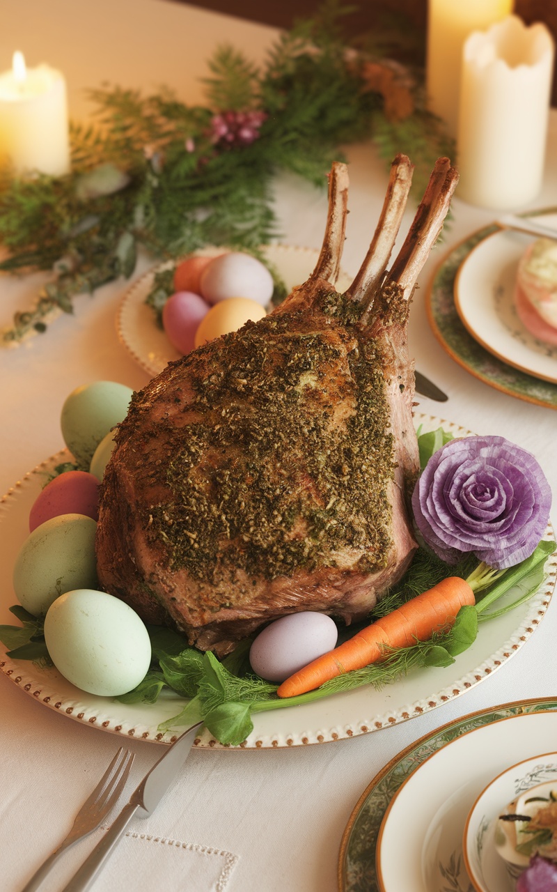 A beautifully roasted rack of lamb with an herb crust on a decorative platter garnished with colorful eggs and vegetables.