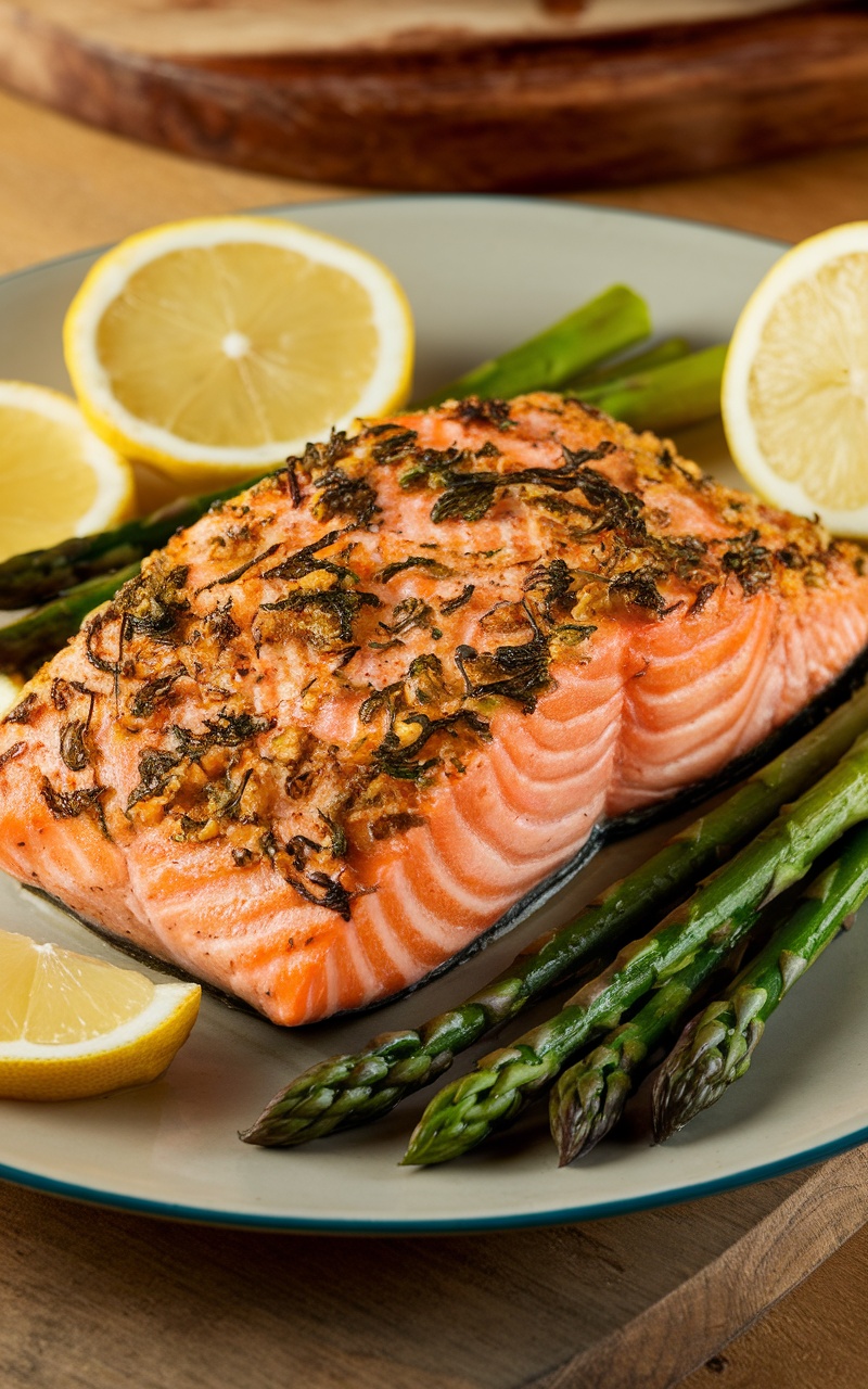 Herb-crusted salmon served with asparagus and lemon slices.