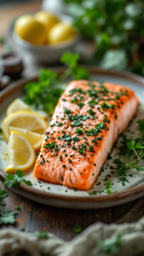 A beautifully plated herb-crusted salmon with fresh herbs and lemon slices.