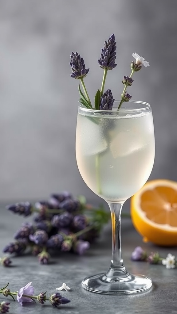 A refreshing Herbal Lavender Gin Fizz cocktail with lavender and lemon, garnished with fresh lavender sprigs.