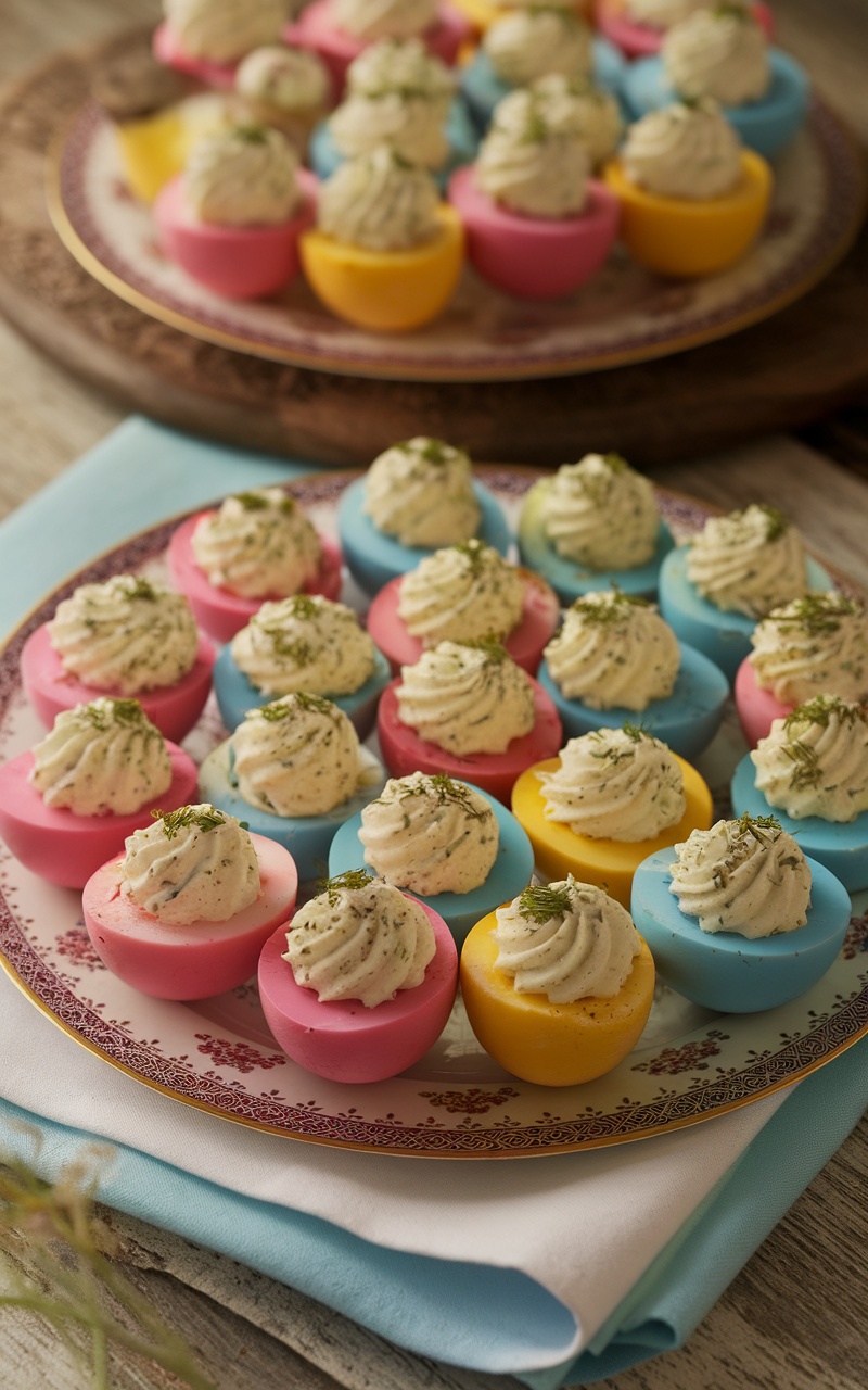 Herbed Cream Cheese Stuffed Eggs in colorful shells