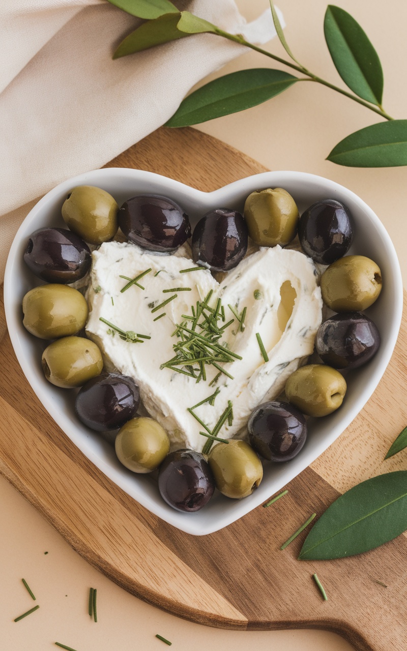 A heart-shaped dish filled with herbed cream cheese stuffed olives, garnished with fresh herbs.