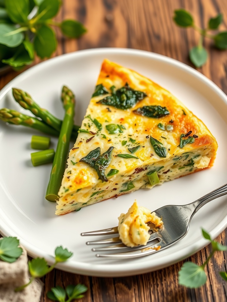 A slice of herbed frittata with asparagus on a plate.