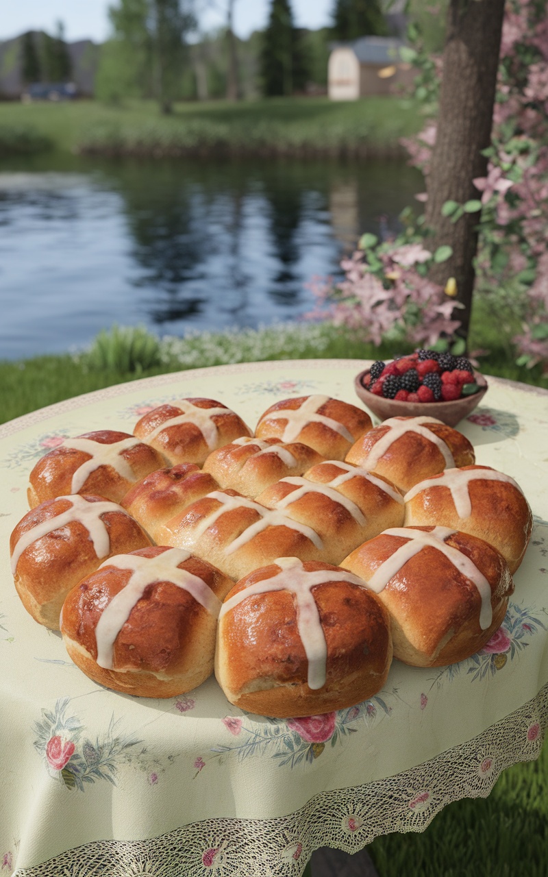 Keto-Friendly Hot Cross Buns on a table with a floral tablecloth.