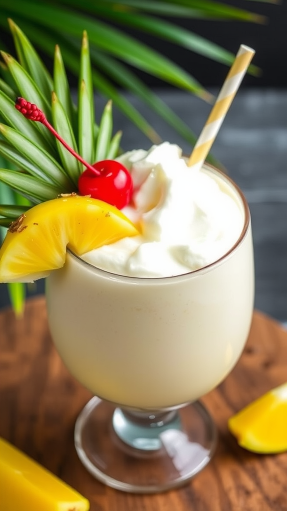 A refreshing keto-friendly piña colada topped with cherries and a pineapple slice.