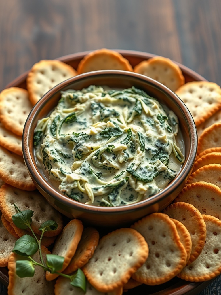 Keto-Friendly Spinach Artichoke Dip with crackers