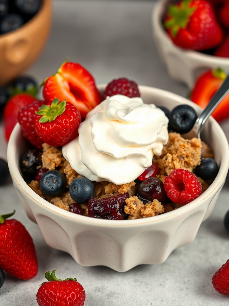 A delicious bowl of Keto Berry Crisp topped with whipped cream and fresh berries.