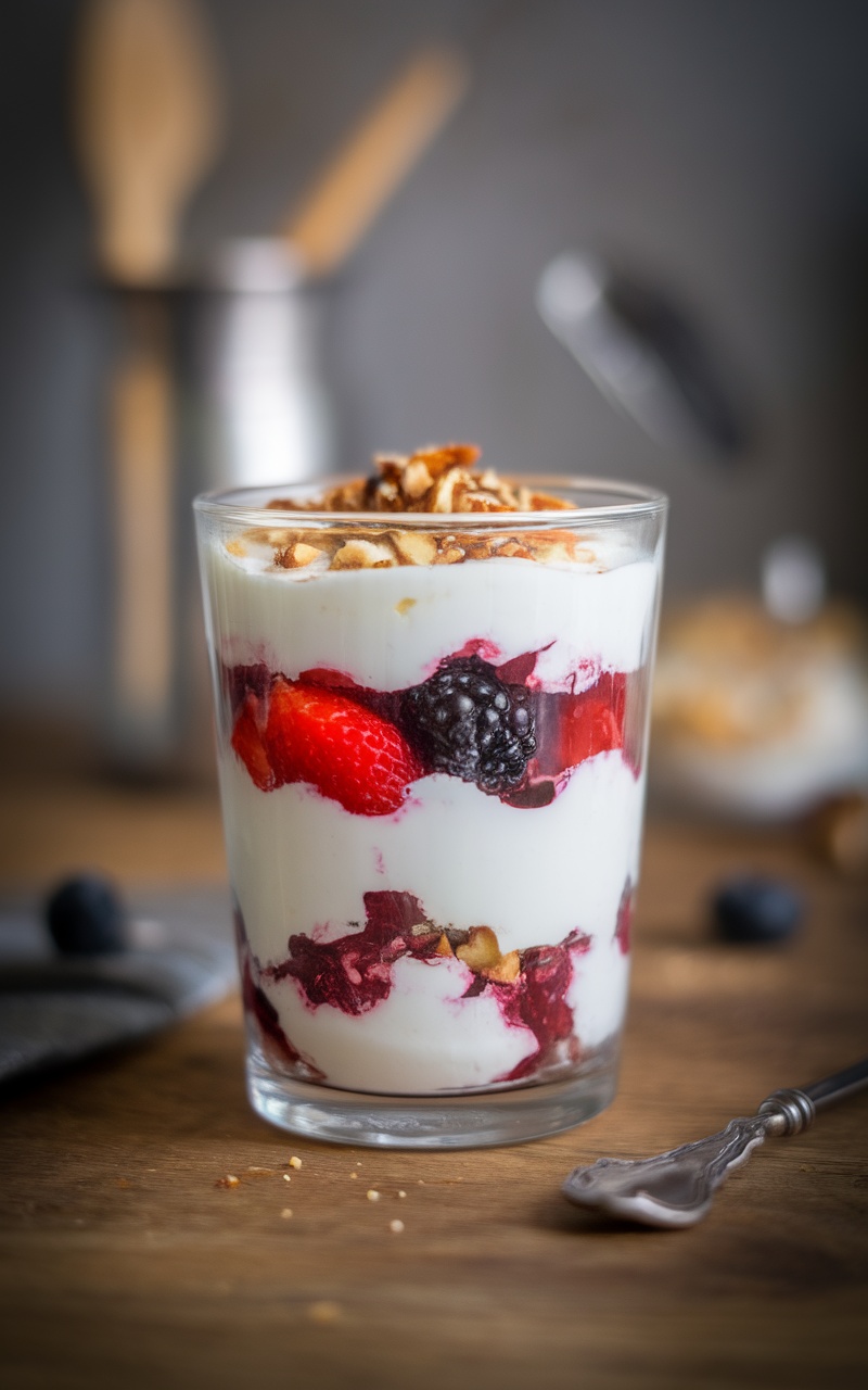 Keto Berry Parfait in a glass with layers of yogurt, berries, and nuts.