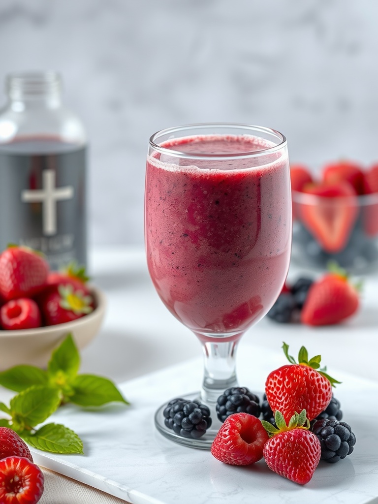 A delicious Keto Berry Smoothie in a glass, surrounded by fresh berries.