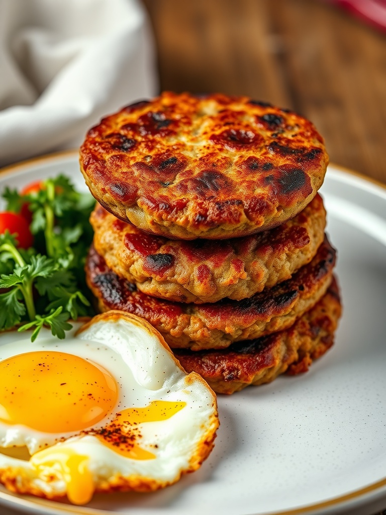 A stack of golden brown keto breakfast sausage patties on a plate with a fried egg and fresh greens