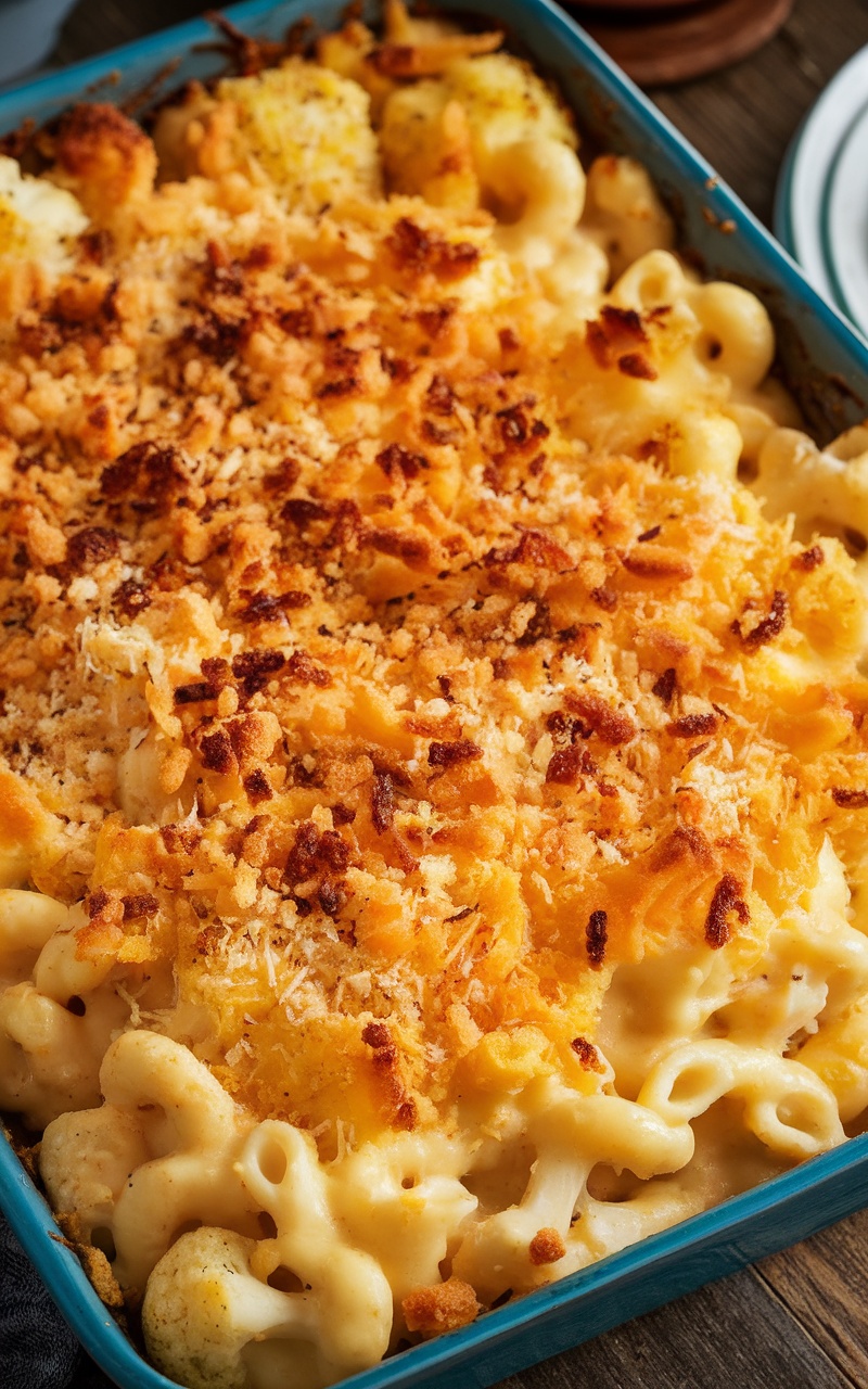 A creamy and cheesy Keto Cauliflower Mac and Cheese dish topped with a crunchy layer.