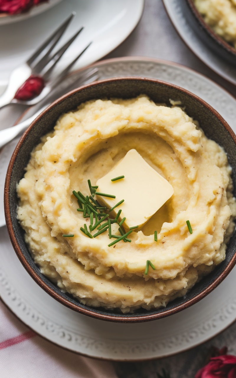 Keto Cauliflower Mash served in a bowl with butter and chives.