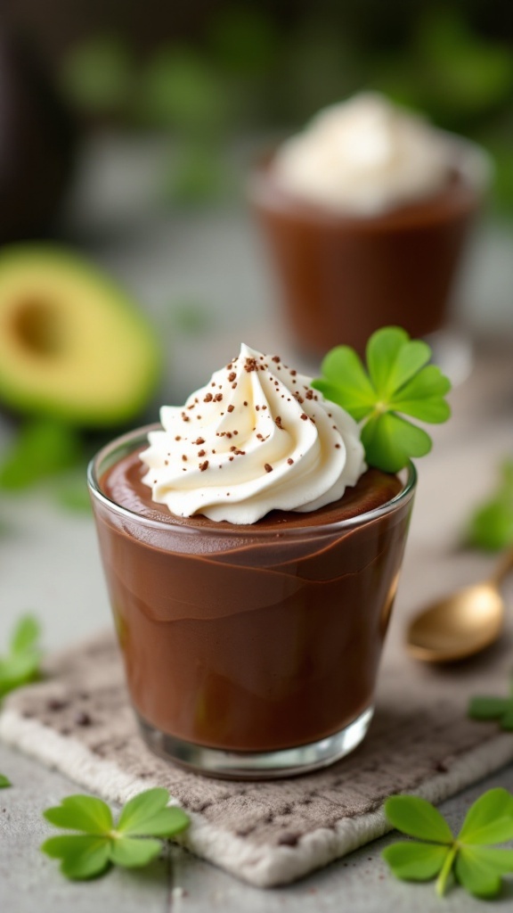 Keto Chocolate Avocado Mousse served in a glass with whipped cream and a decorative touch.