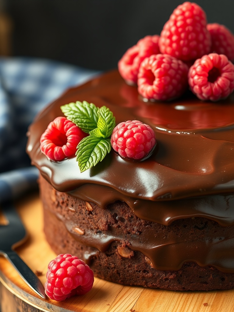 A delicious keto chocolate cake with raspberry toppings.