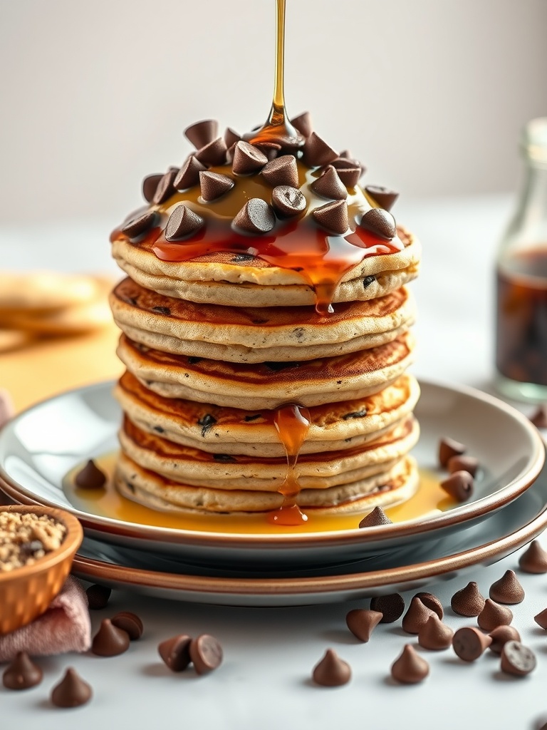 Stack of keto chocolate chip pancakes topped with syrup and chocolate chips